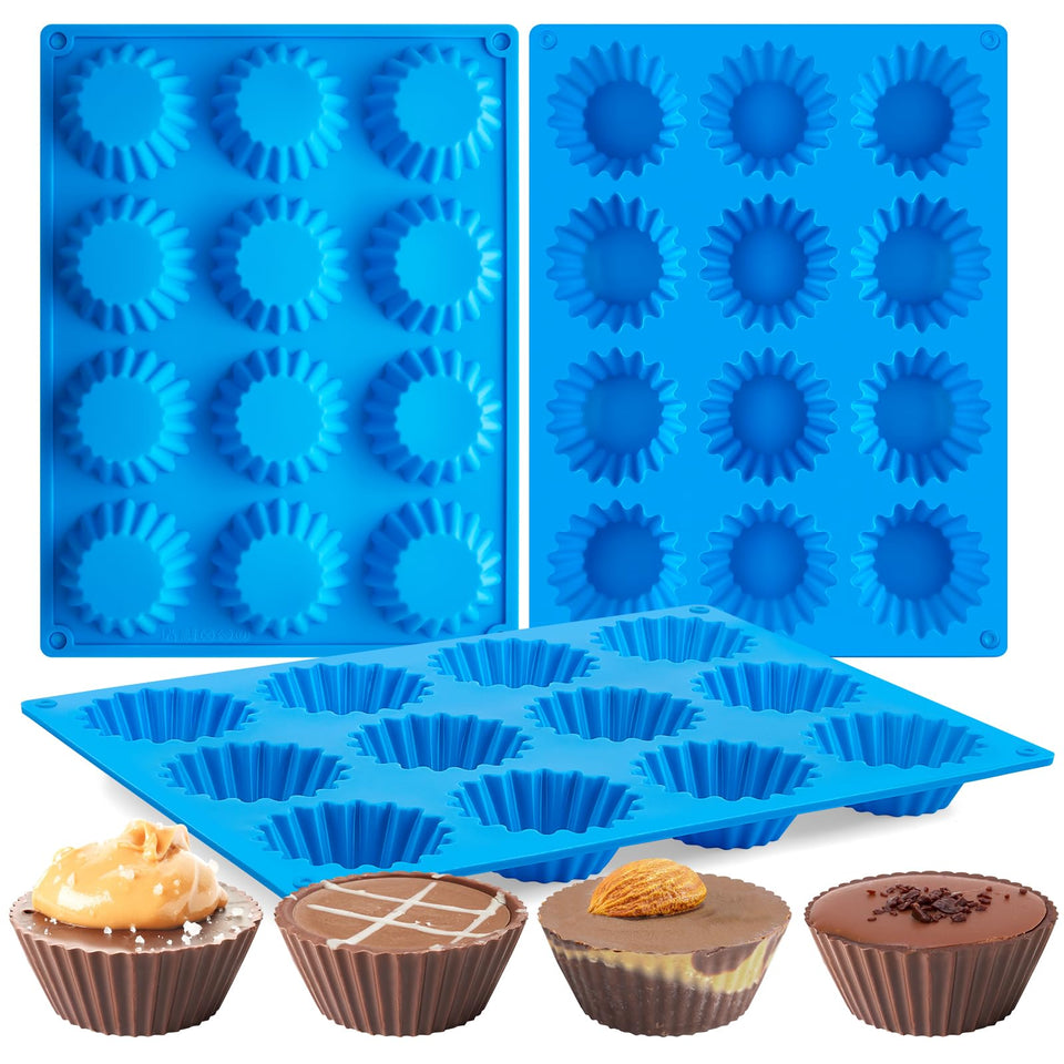 CLUEWR 12-cavity blue peanut butter cup mold top view for precise chocolate portions