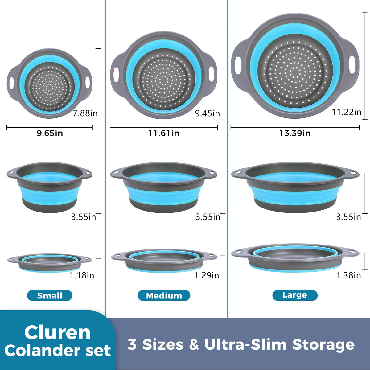 Cluren collapsible colander expanded to 9 cm depth for thorough draining.