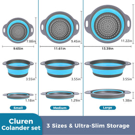 Cluren collapsible colander expanded to 9 cm depth for thorough draining.