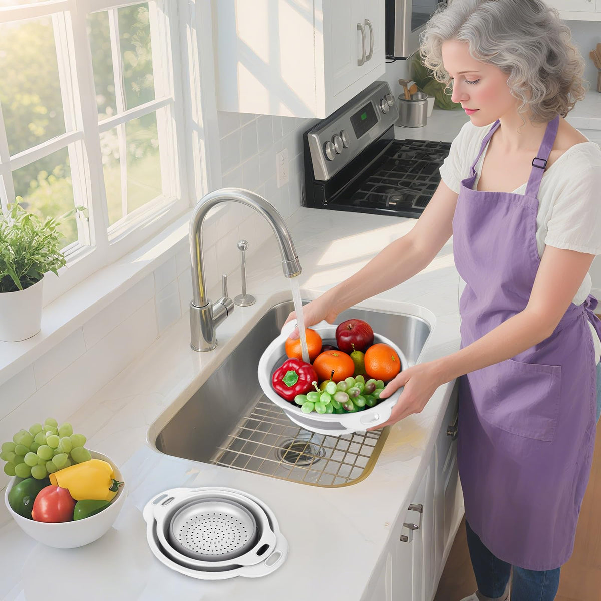 Cluren gray-green collapsible colander blends style with practical draining