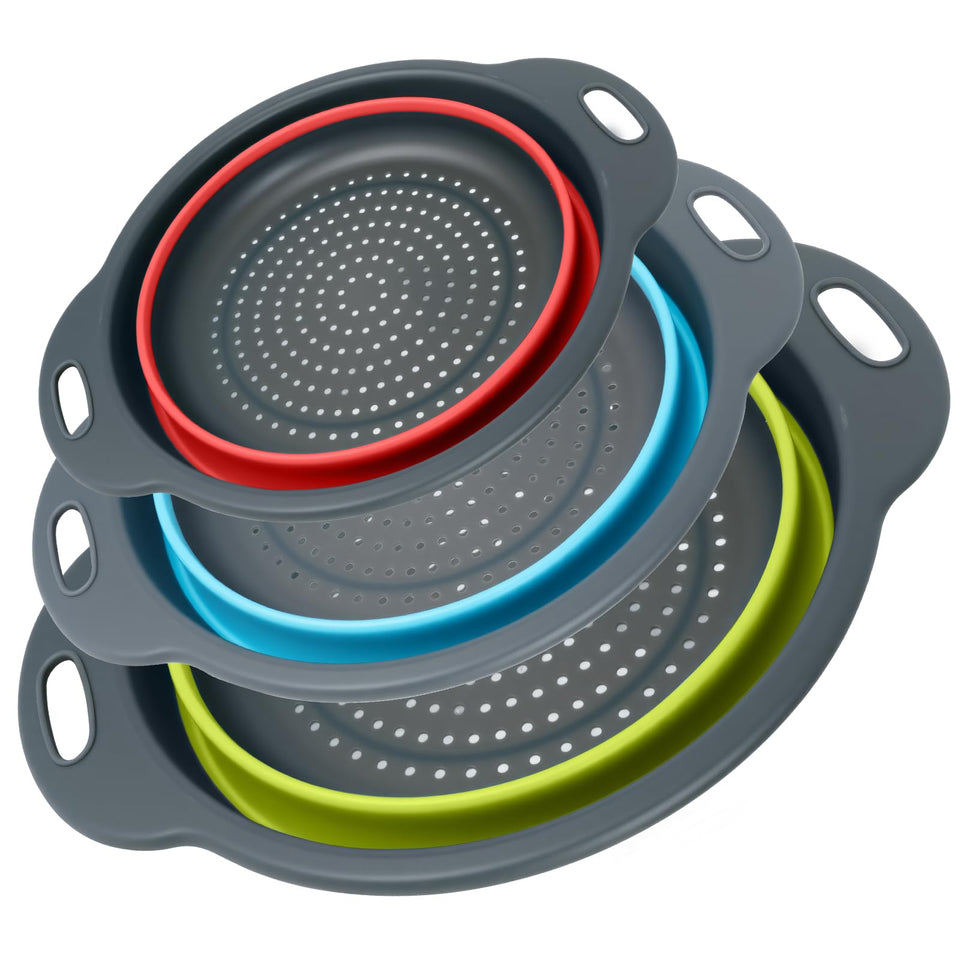 Cluren collapsible colander 3-pack display with color options for space-saving storage.