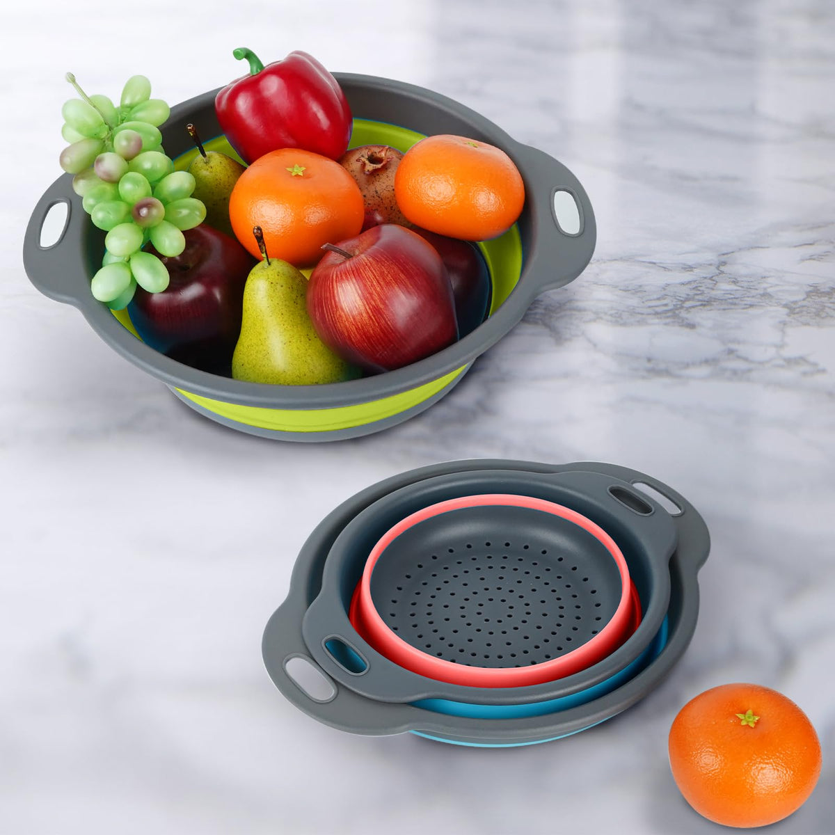 Cluren collapsible colander folded flat for compact kitchen storage.