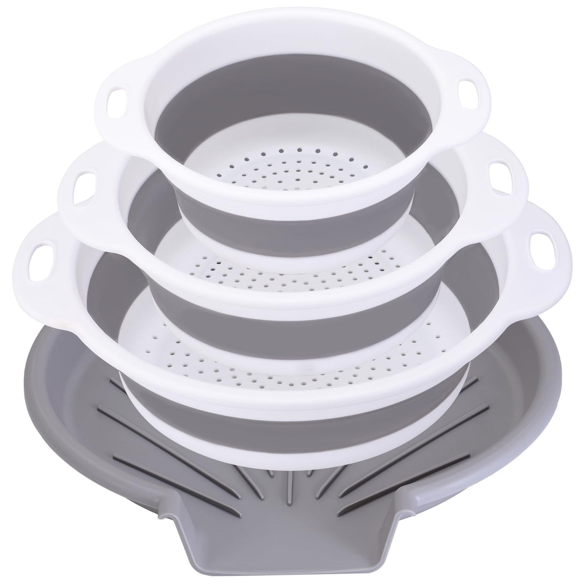 Cluren collapsible colander set shown with three sizes for versatile rinsing.