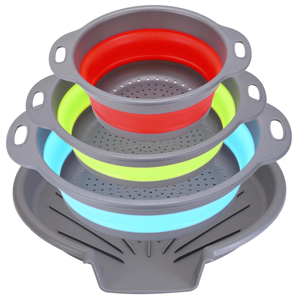 Cluren collapsible colander set large-tray with oversized draining surface to save counter space