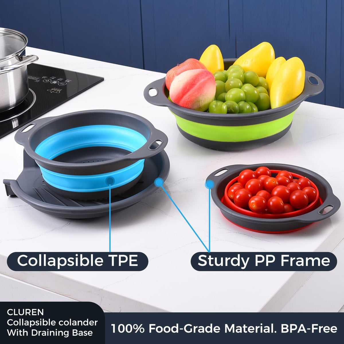 Cluren collapsible colander set non-slip-base keeps draining stable