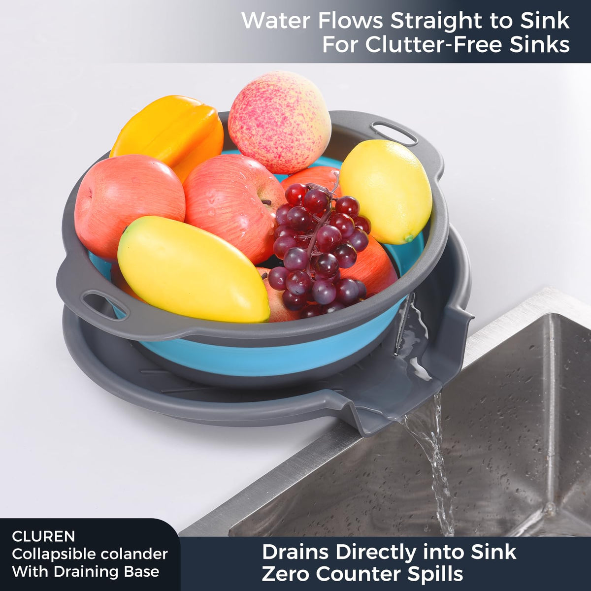 Cluren collapsible colanders folded flat for easy drawer storage.