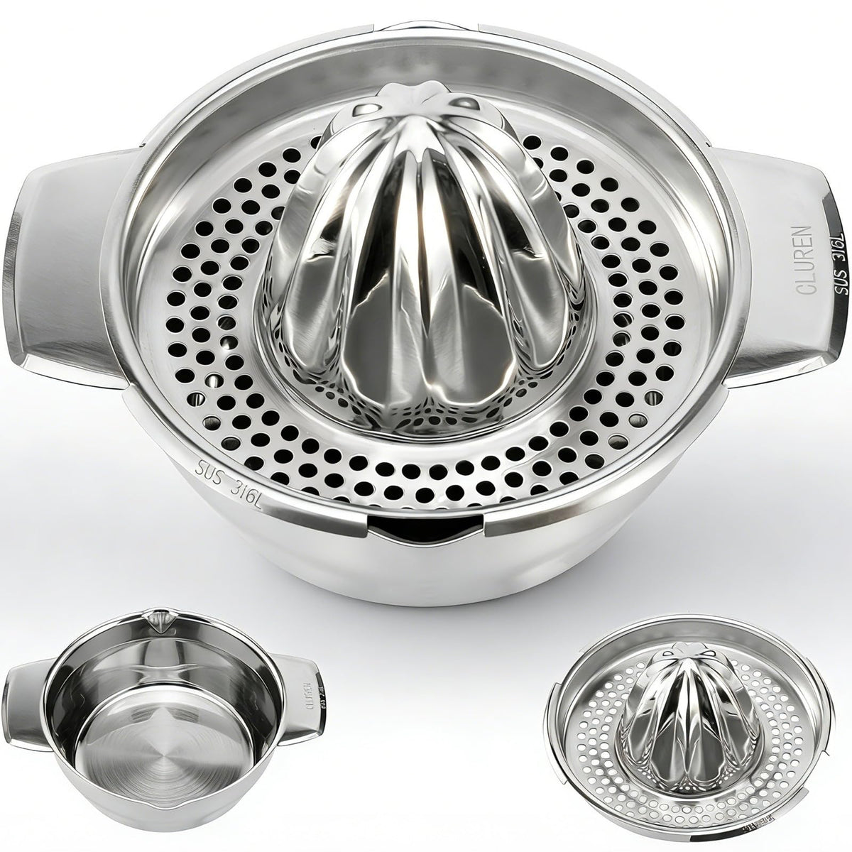 Cluren lemon squeezer front view highlights sturdy 316L steel for durable citrus pressing.