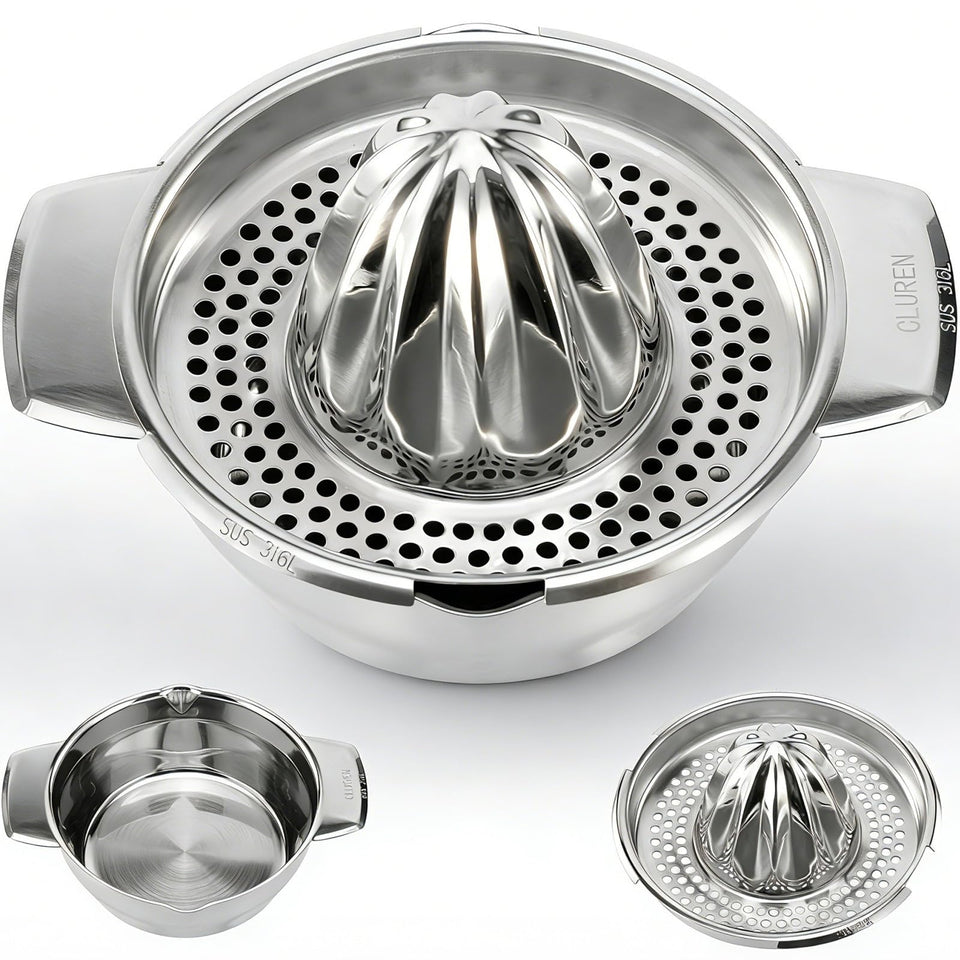 Cluren lemon squeezer front view highlights sturdy 316L steel for durable citrus pressing.