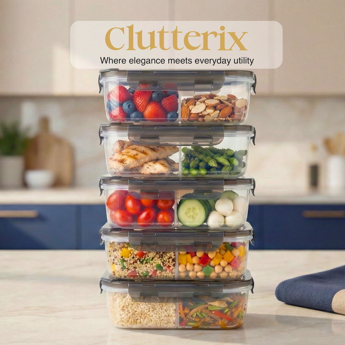 Clutterix container stackable design saves kitchen space and storage.