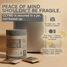 CLYND full reservoir cleaning steps demonstrated on a countertop ice maker.