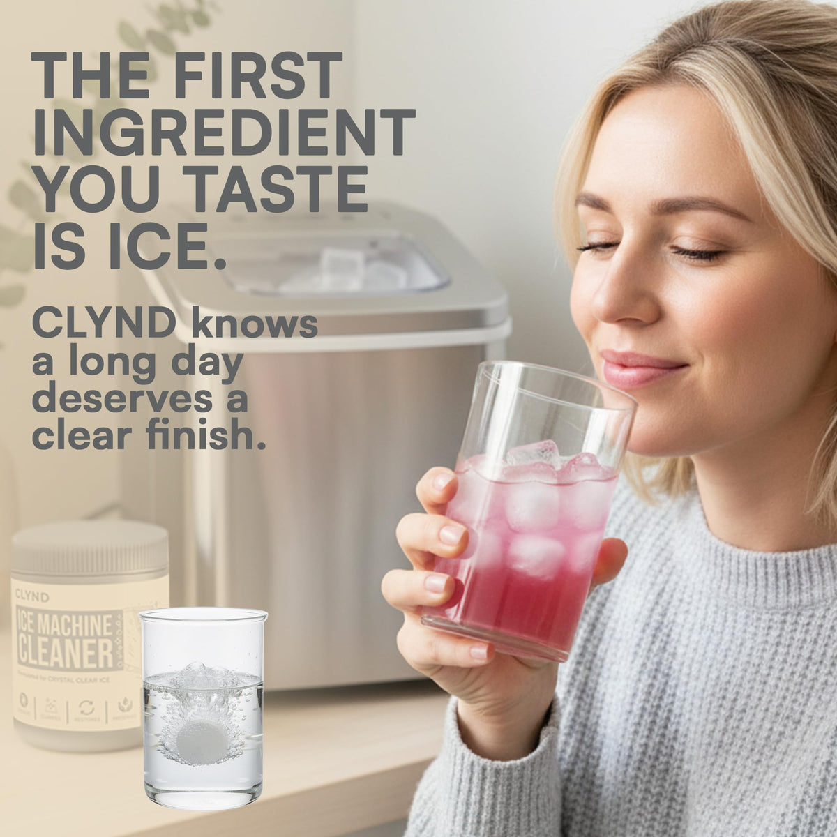 Tablets dissolving in water to remove mineral buildup safely from ice machines.