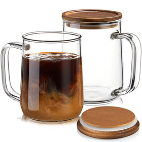 CMLKLZD glass coffee mug 16 oz with acacia lid, ideal for hot or cold drinks.