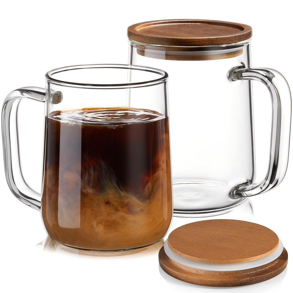 CMLKLZD glass coffee mug 16 oz with acacia lid, ideal for hot or cold drinks.