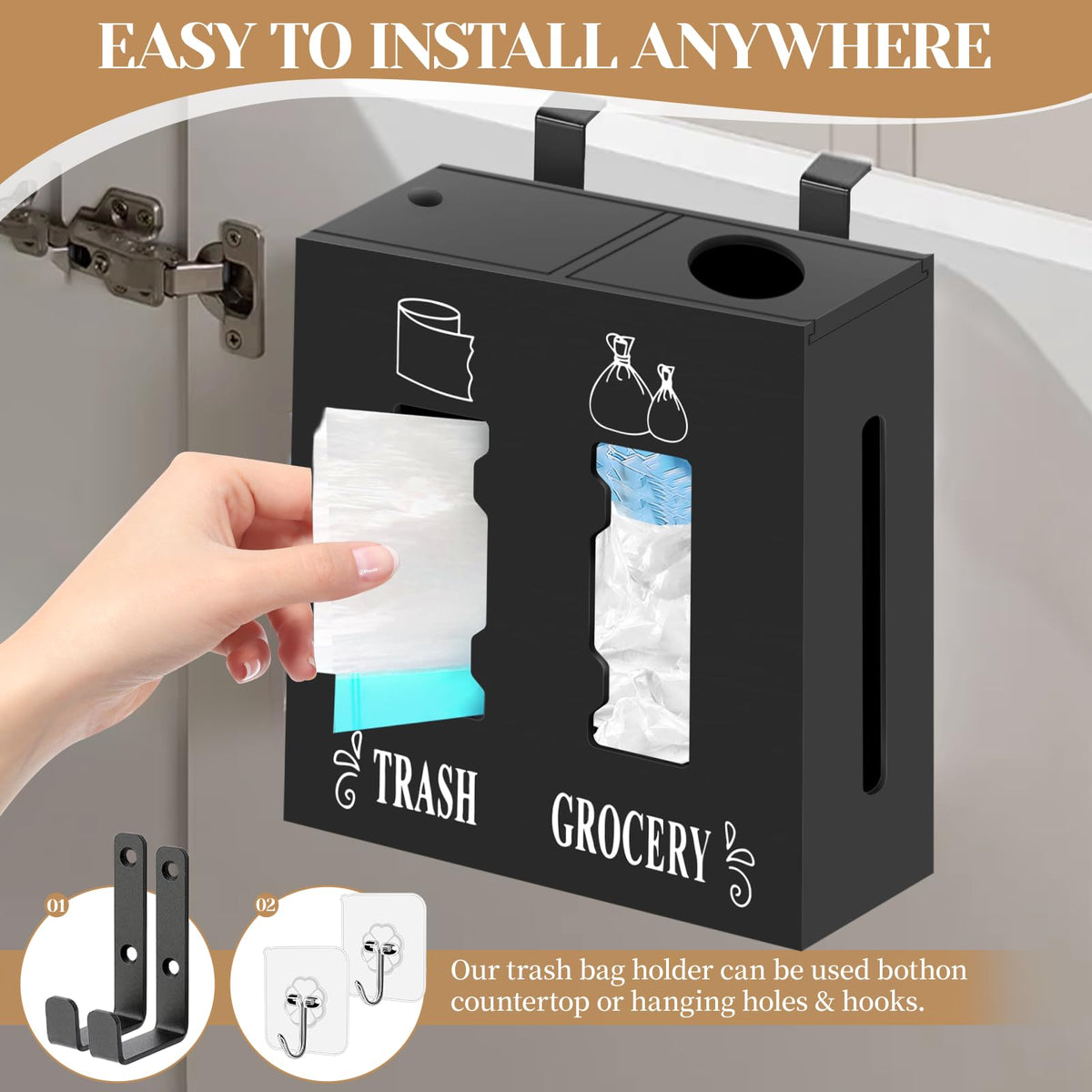 Wall mount option keeps bags off the counter and organized.