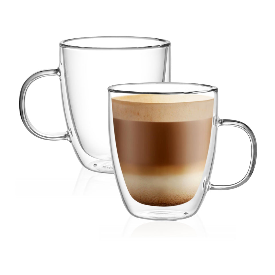CNGLASS double-wall mug with handle keeps hot beverages cool to touch.