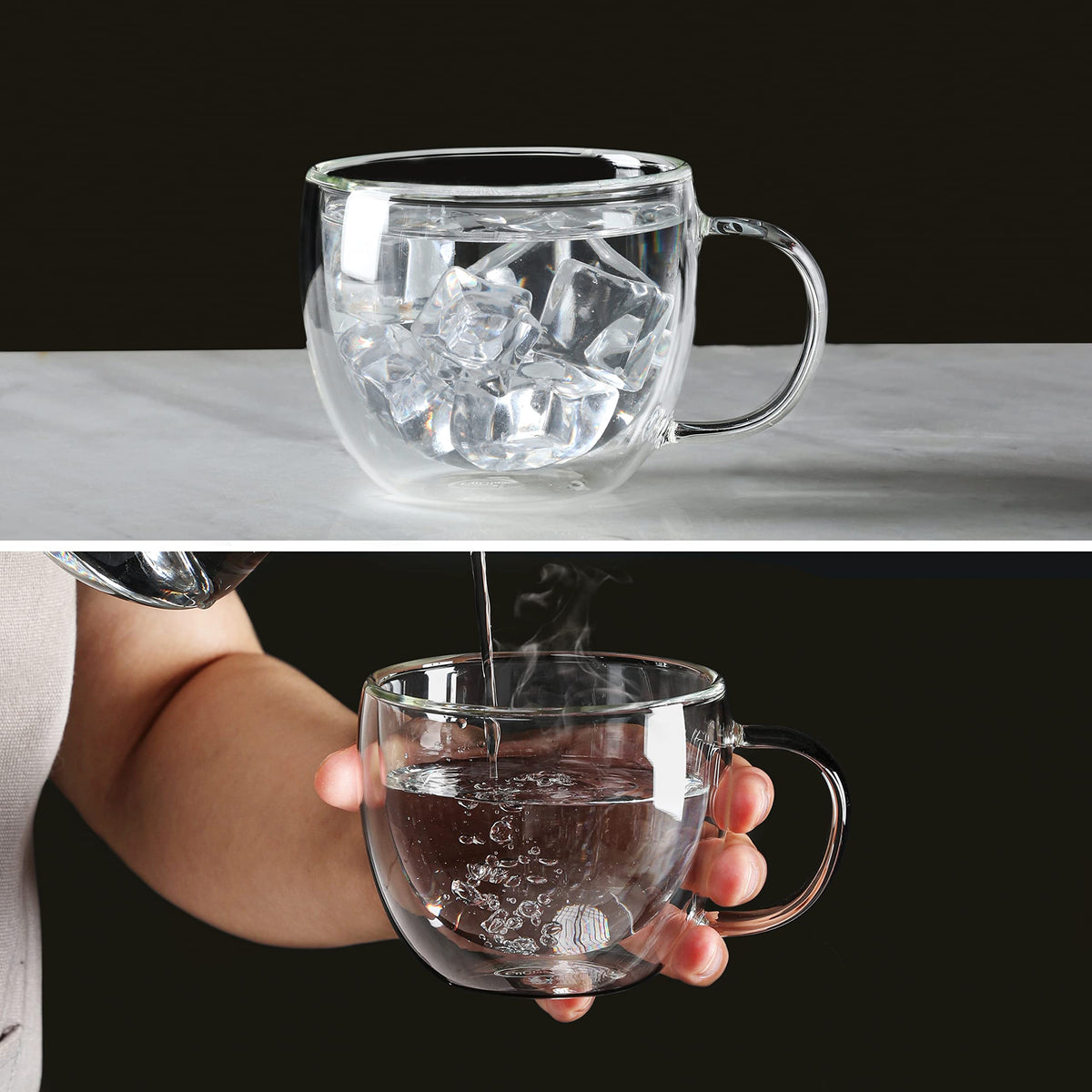 CNGLASS clear insulated mug highlights beverage purity without sweating.