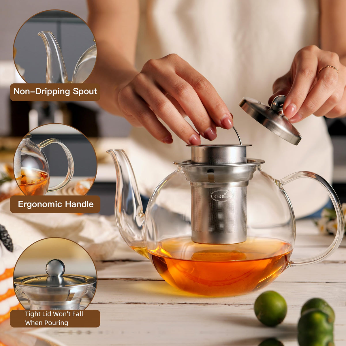 CNGLASS ergonomic handle teapot designed for comfortable, steady pouring.