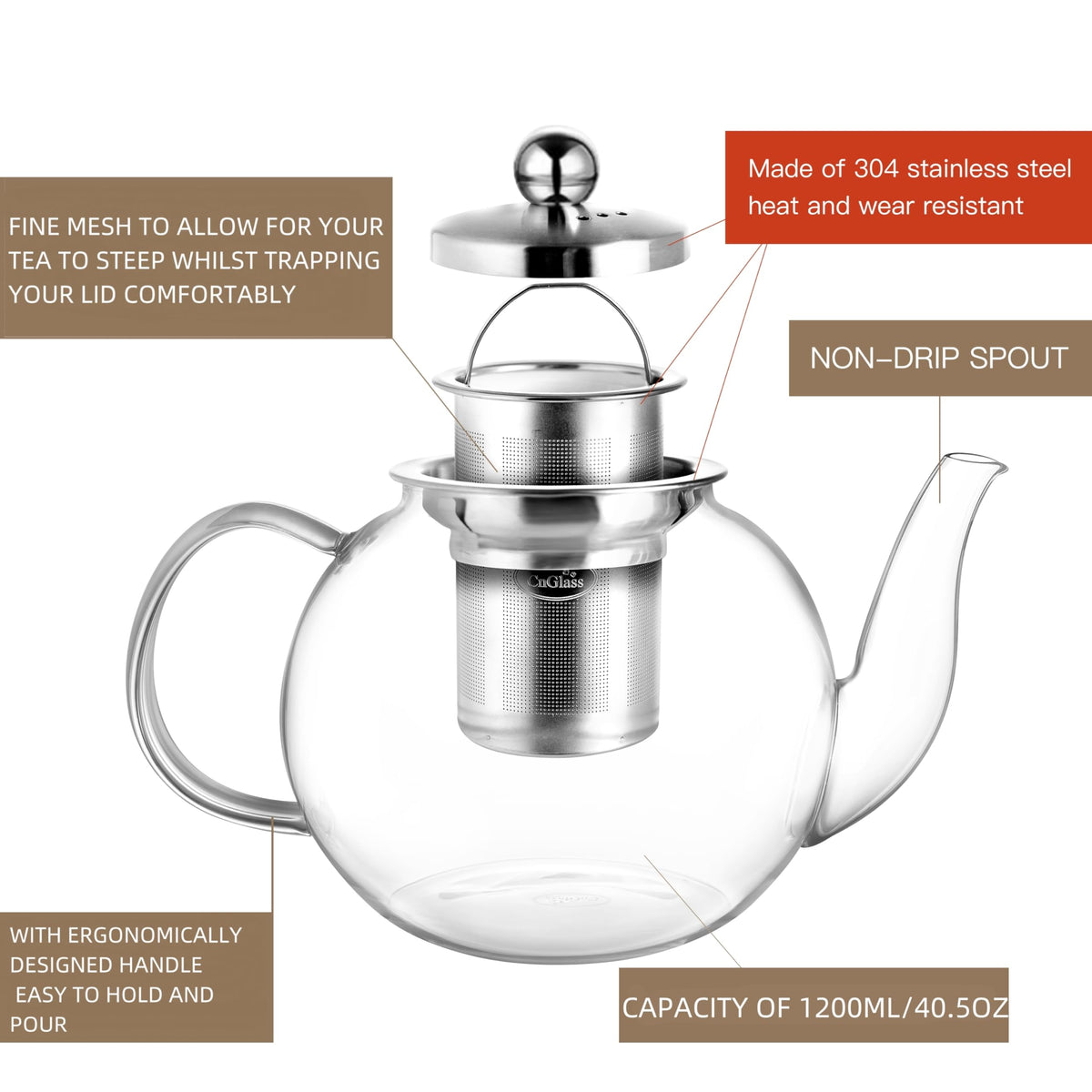 CNGLASS glass teapot with non-drip spout for mess-free pouring.