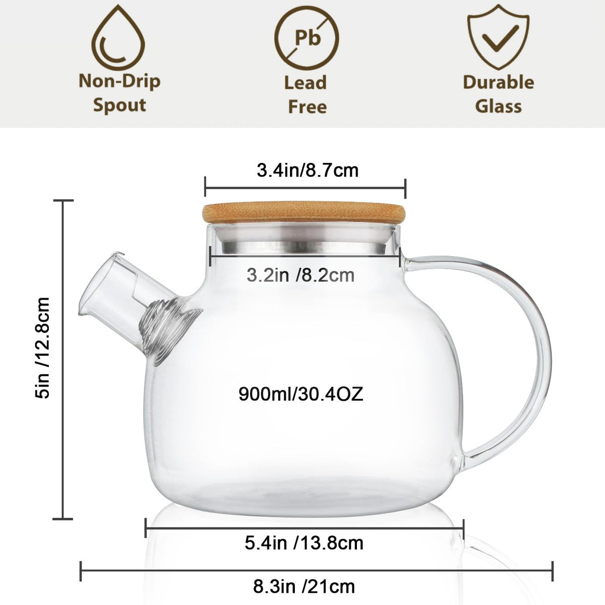 CNGlass teapot with removable filter spout for clean pours