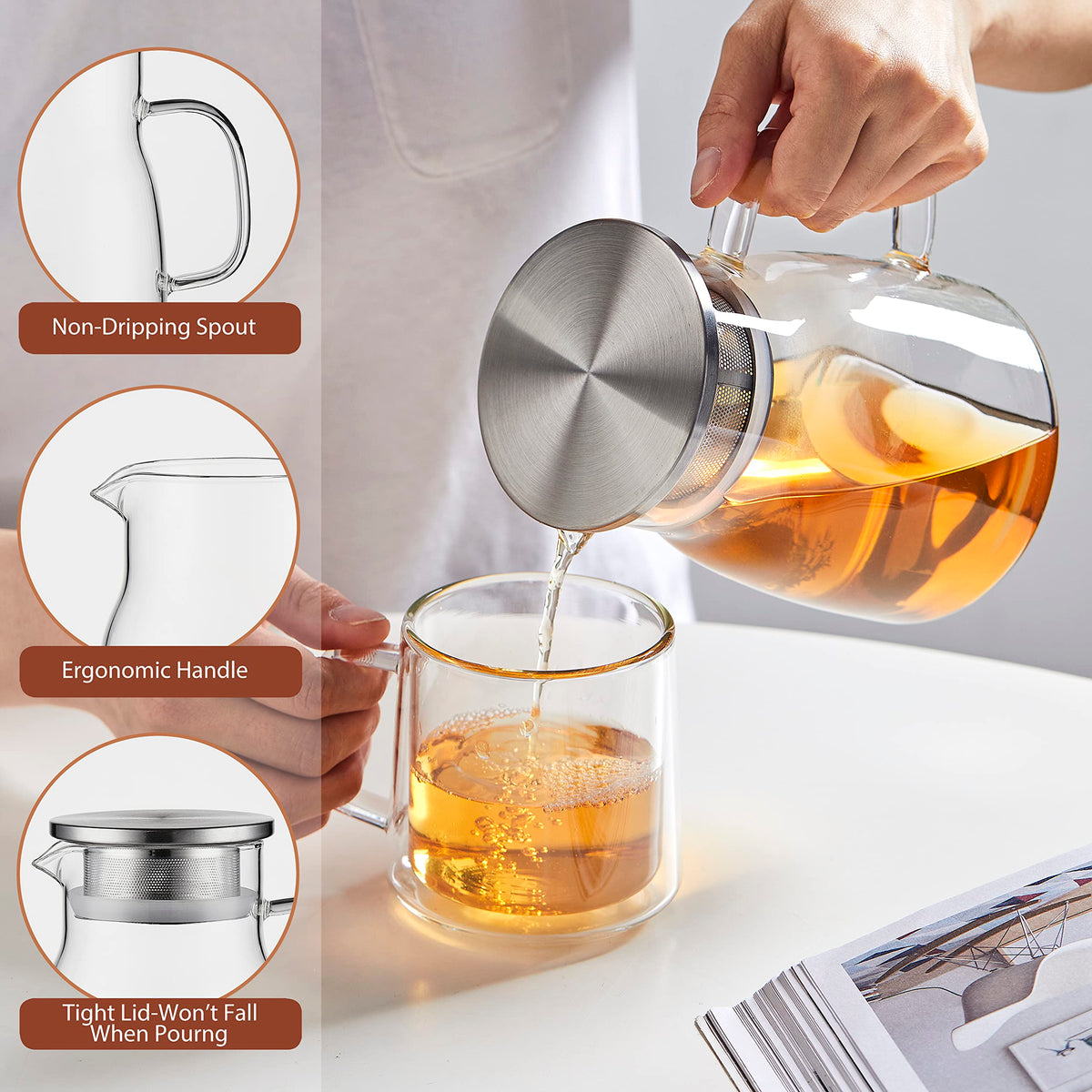 CNGLASS One-Touch Teapot filter lid keeps tea leaves contained while pouring