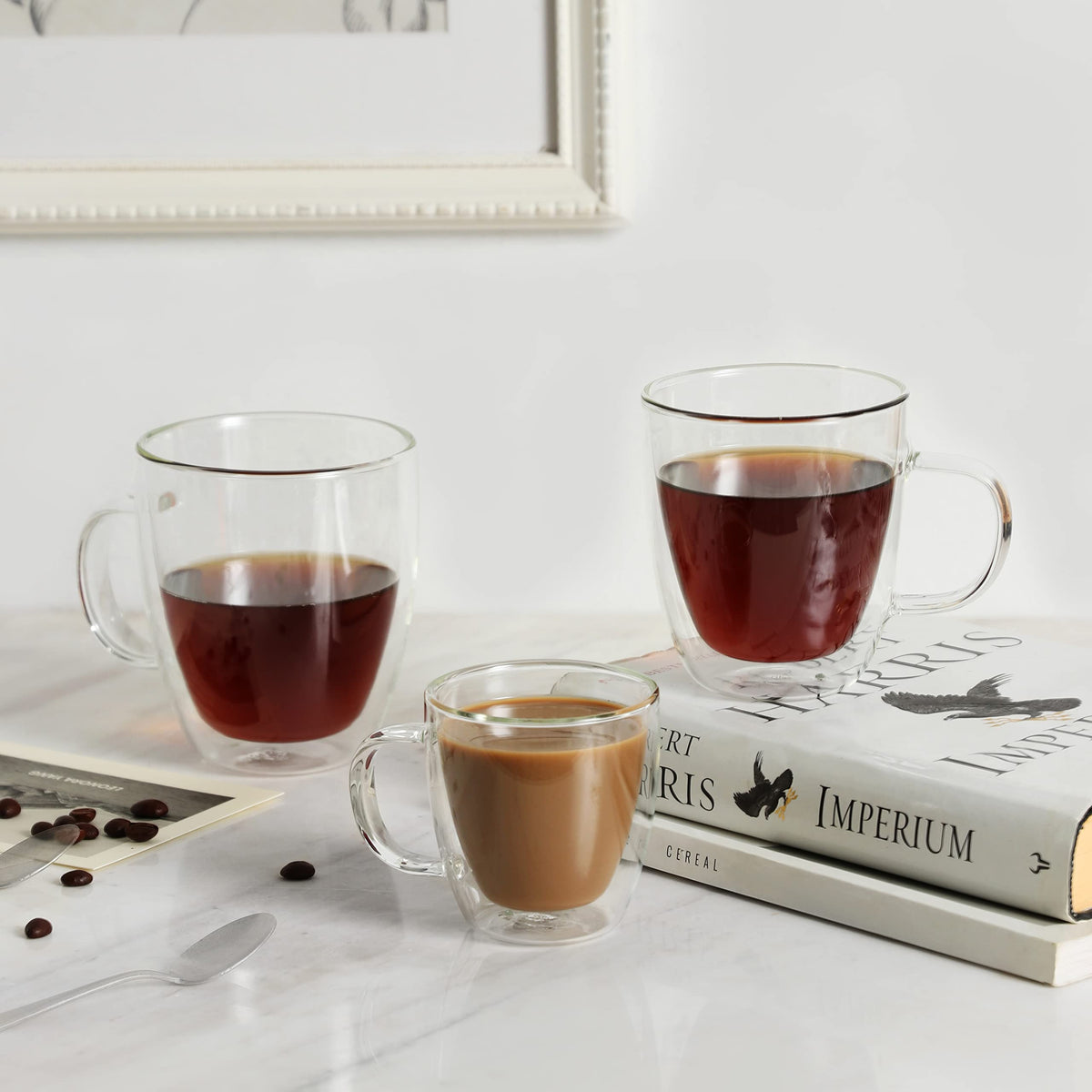 CNGLASS set of four mugs offers consistent design and easy stacking.