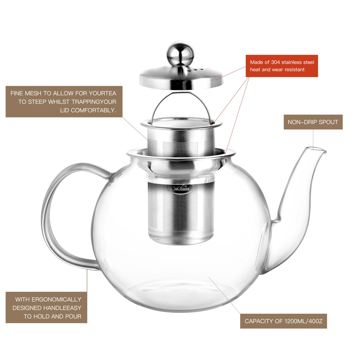 CNGLASS stovetop-safe glass teapot ideal for quick, flavorful brews on gas or electric stoves.