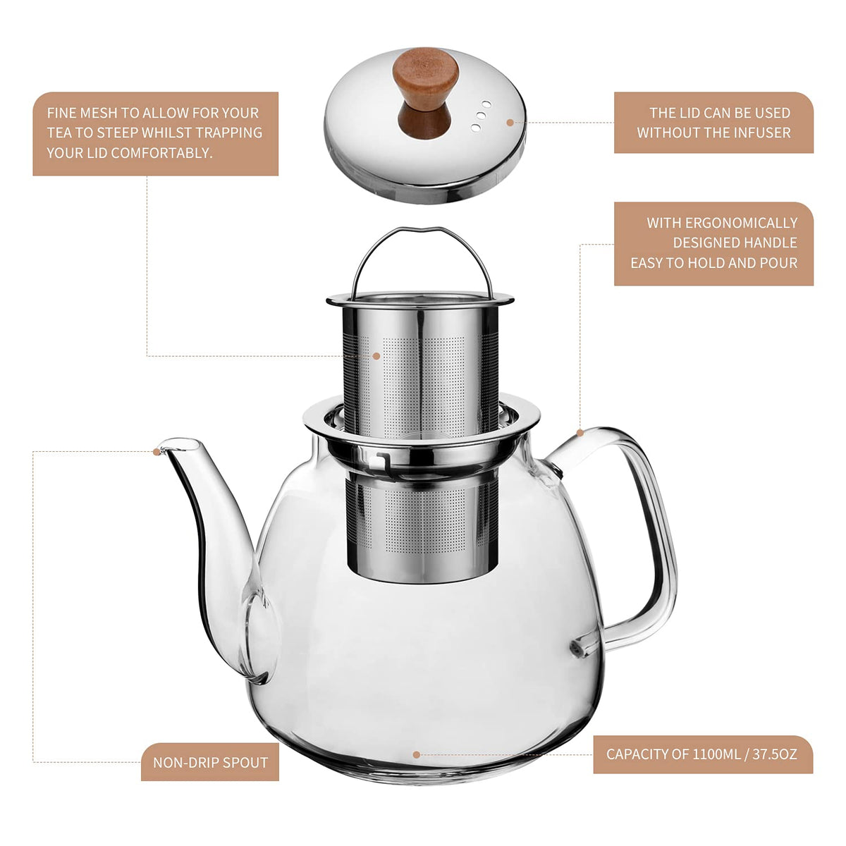CNGLASS teapot showcasing ergonomic non-drip spout for precise pouring