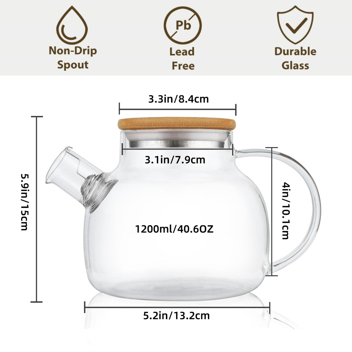 CNGLASS teapot with removable metal infuser over the spout
