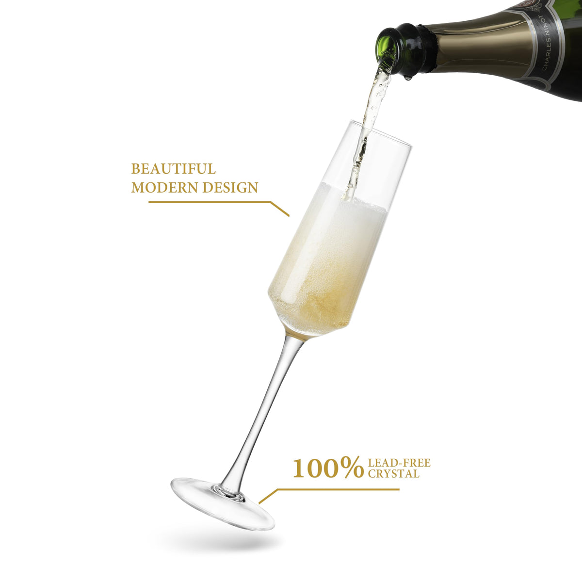 CnSneg lead-free crystal champagne glasses for clear observation of rising bubbles.