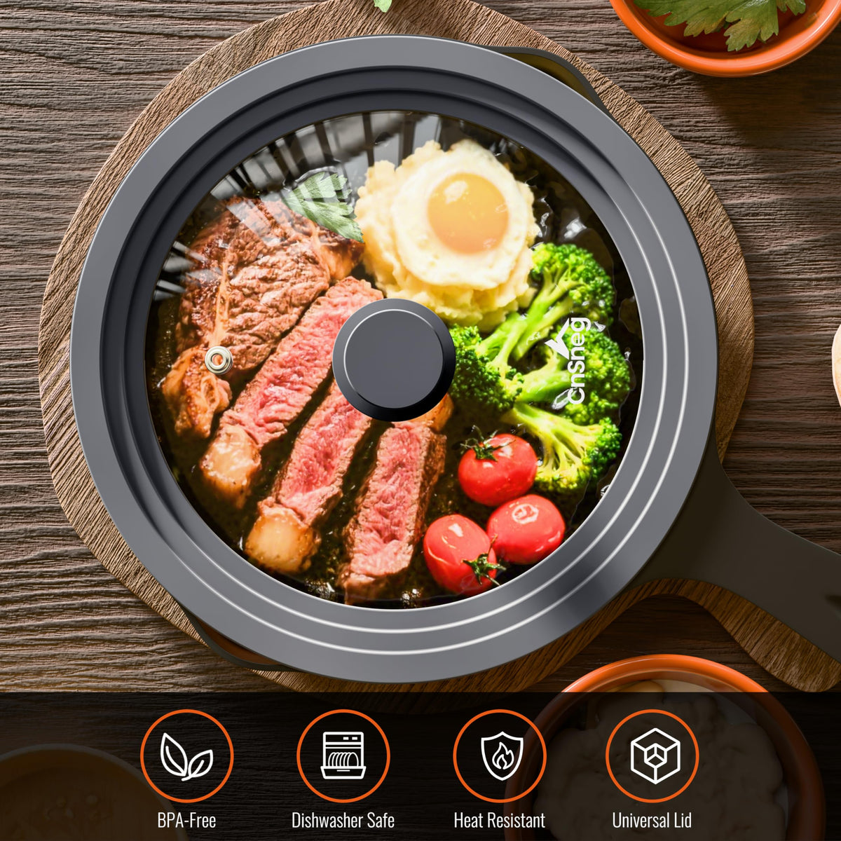 CnSneg silicone rim airtight seal on lid for secure cooking.