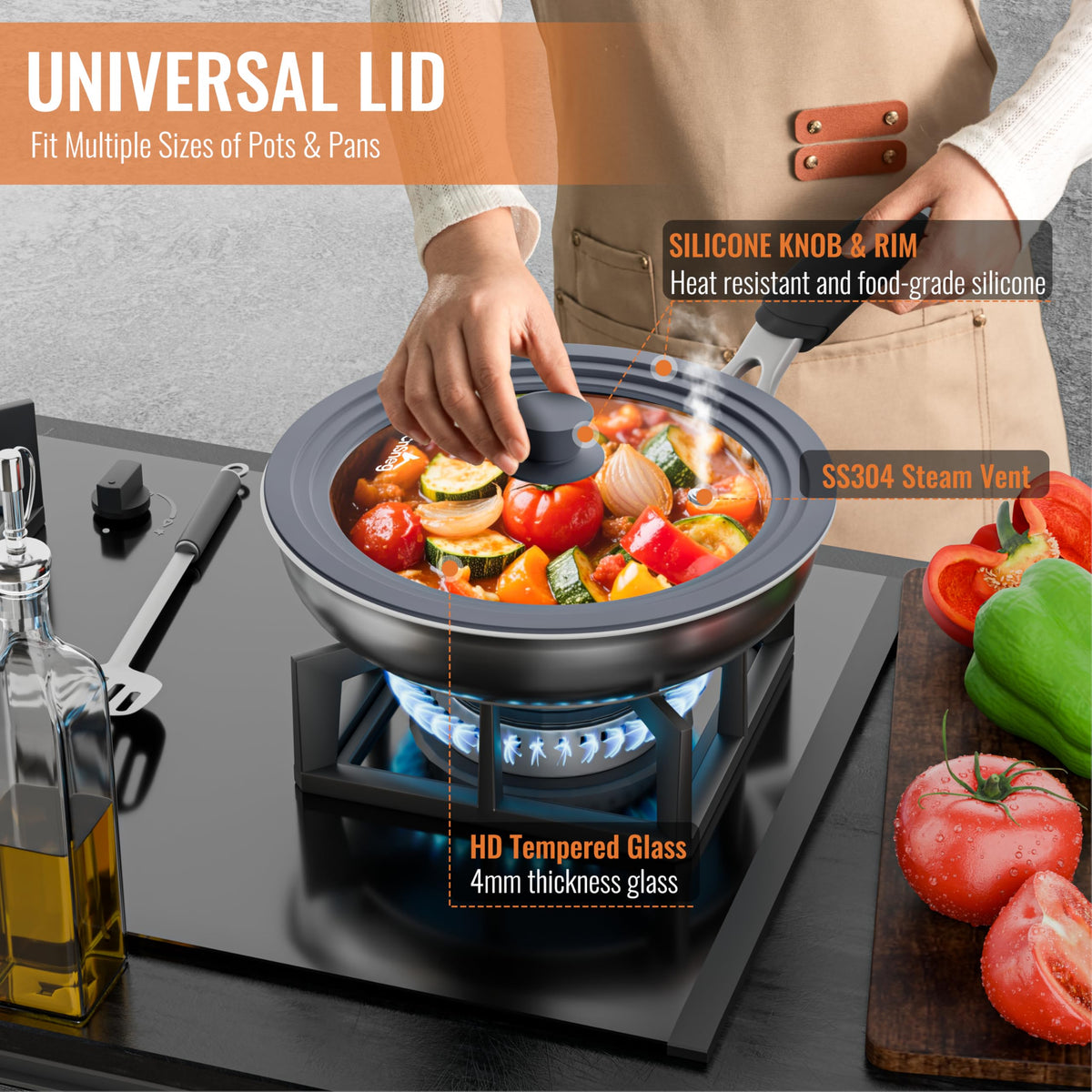 CnSneg universal lid 8-inch fits pots wide range, ideal for frying and cooking.