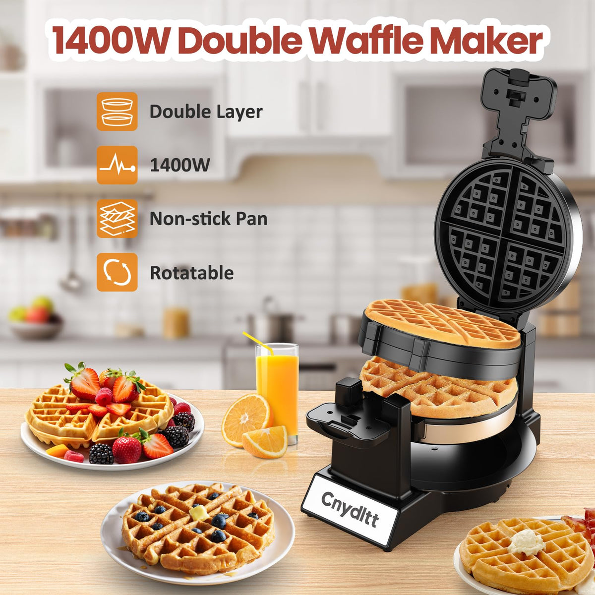 Cnydltt waffle maker 180 degree flip enables uniform waffles.