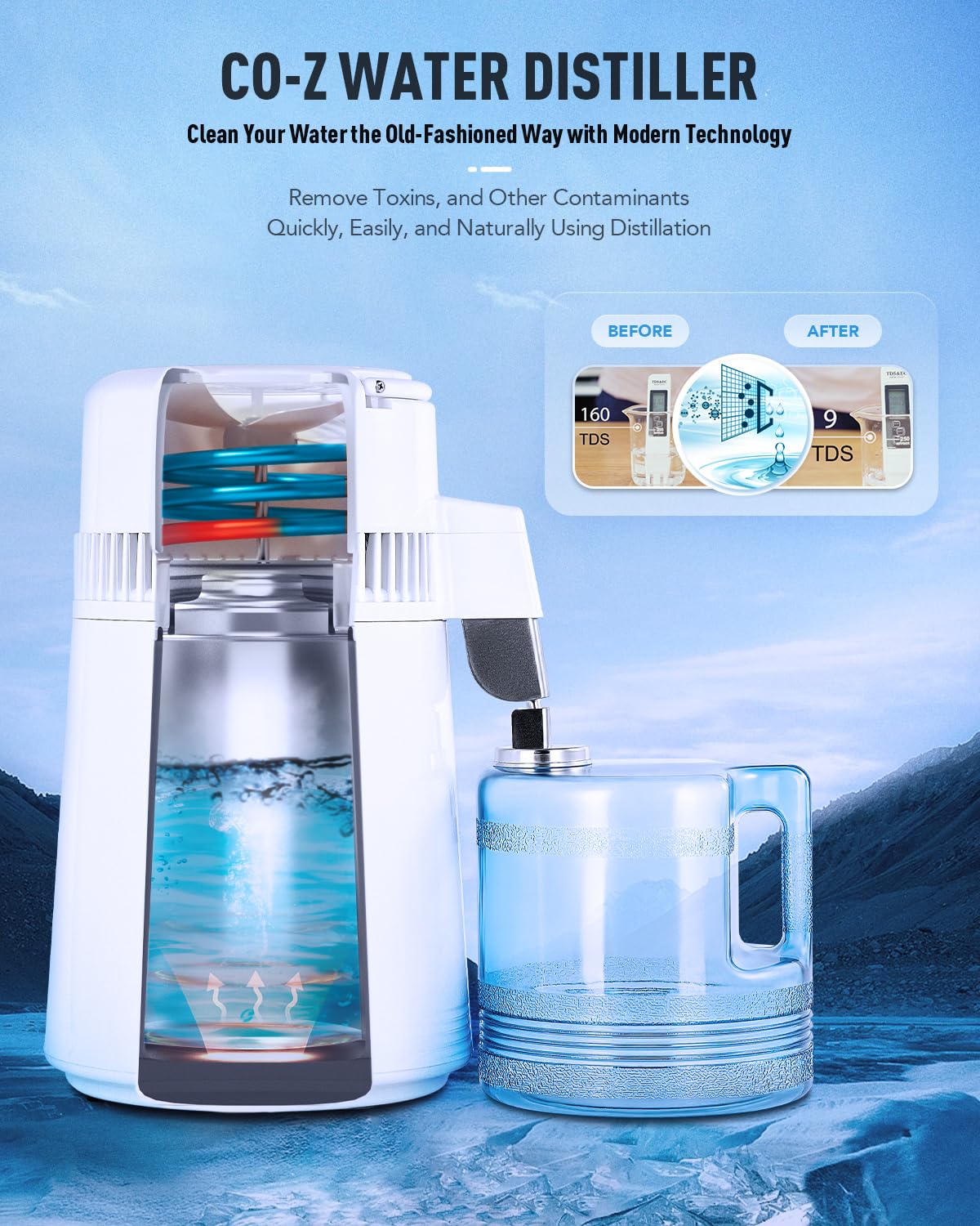 CO-Z 1.1 gallon water distiller top view showing compact countertop footprint.