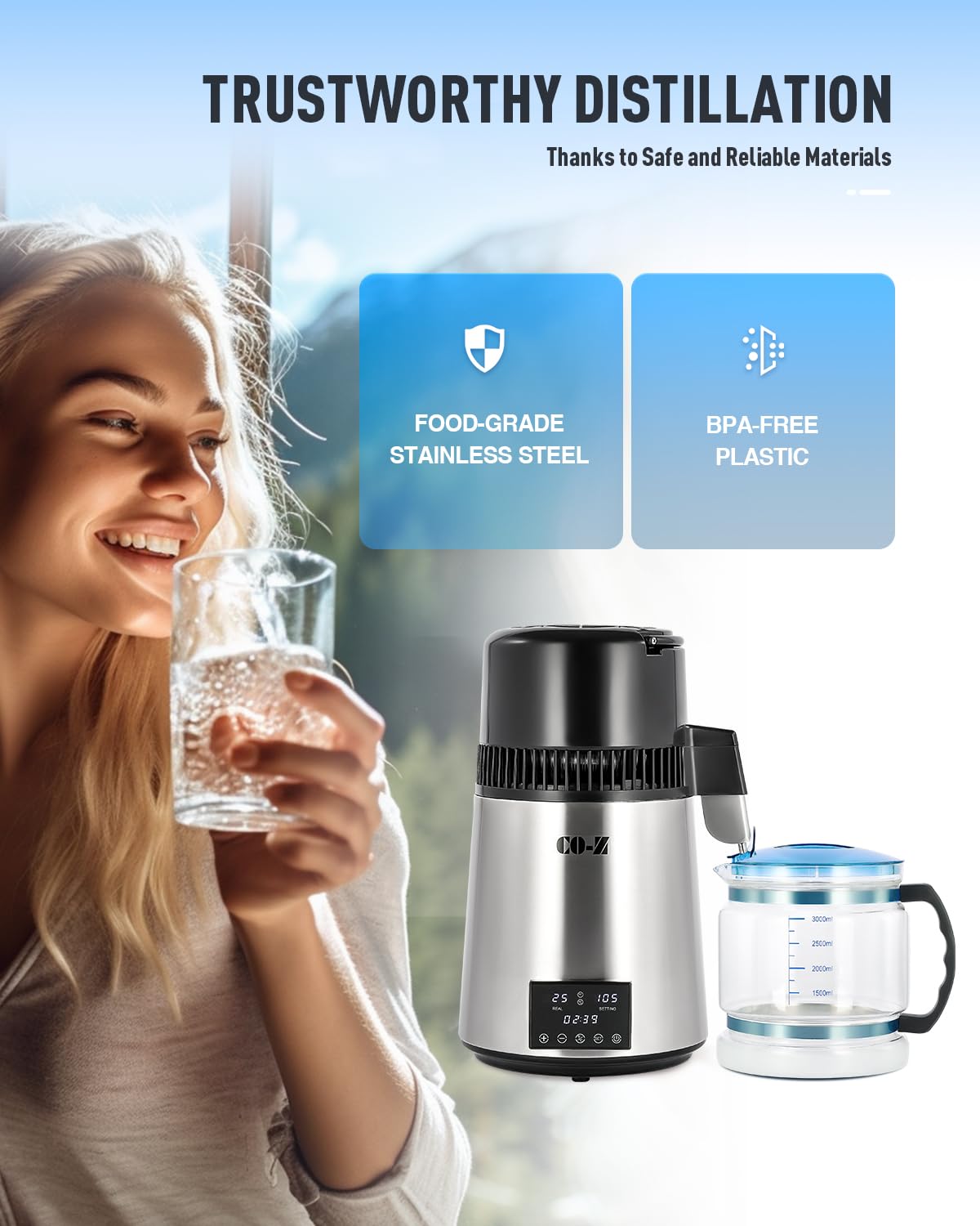 CO-Z distiller stainless steel body front view for durability