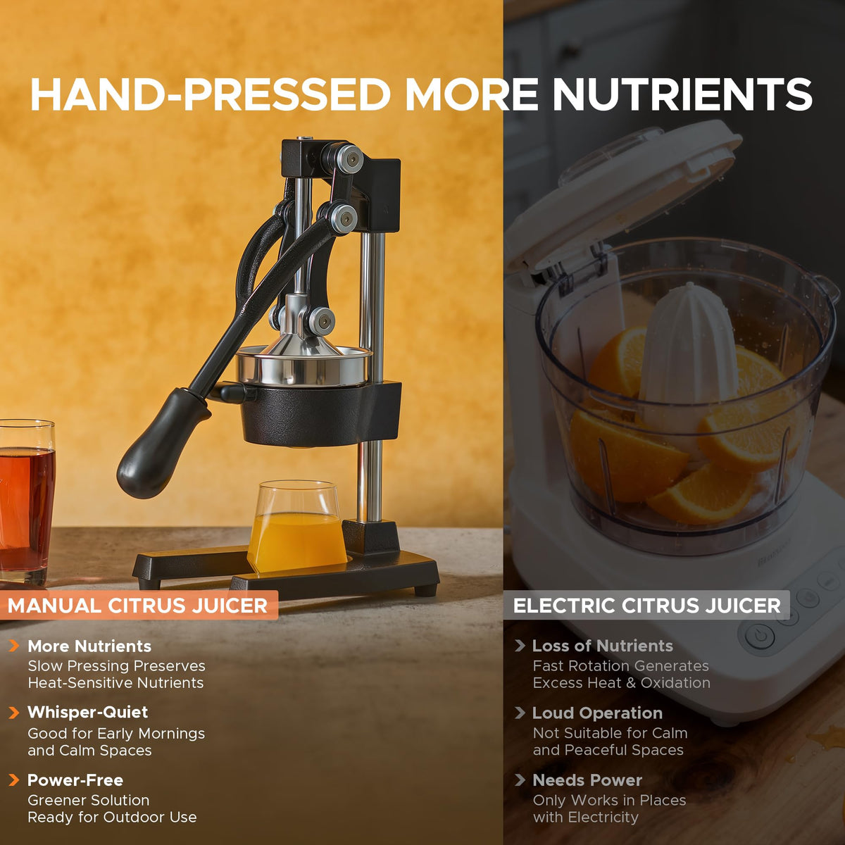 CO-Z manual citrus juicer removable stainless-steel strainer keeps seeds out.