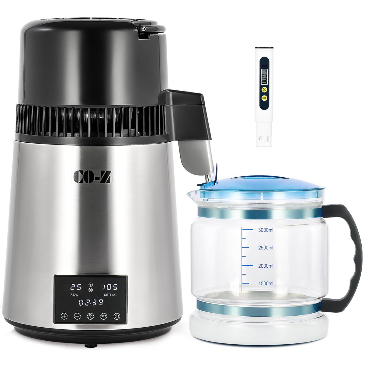 CO-Z water distiller with glass container pouring purified water at home