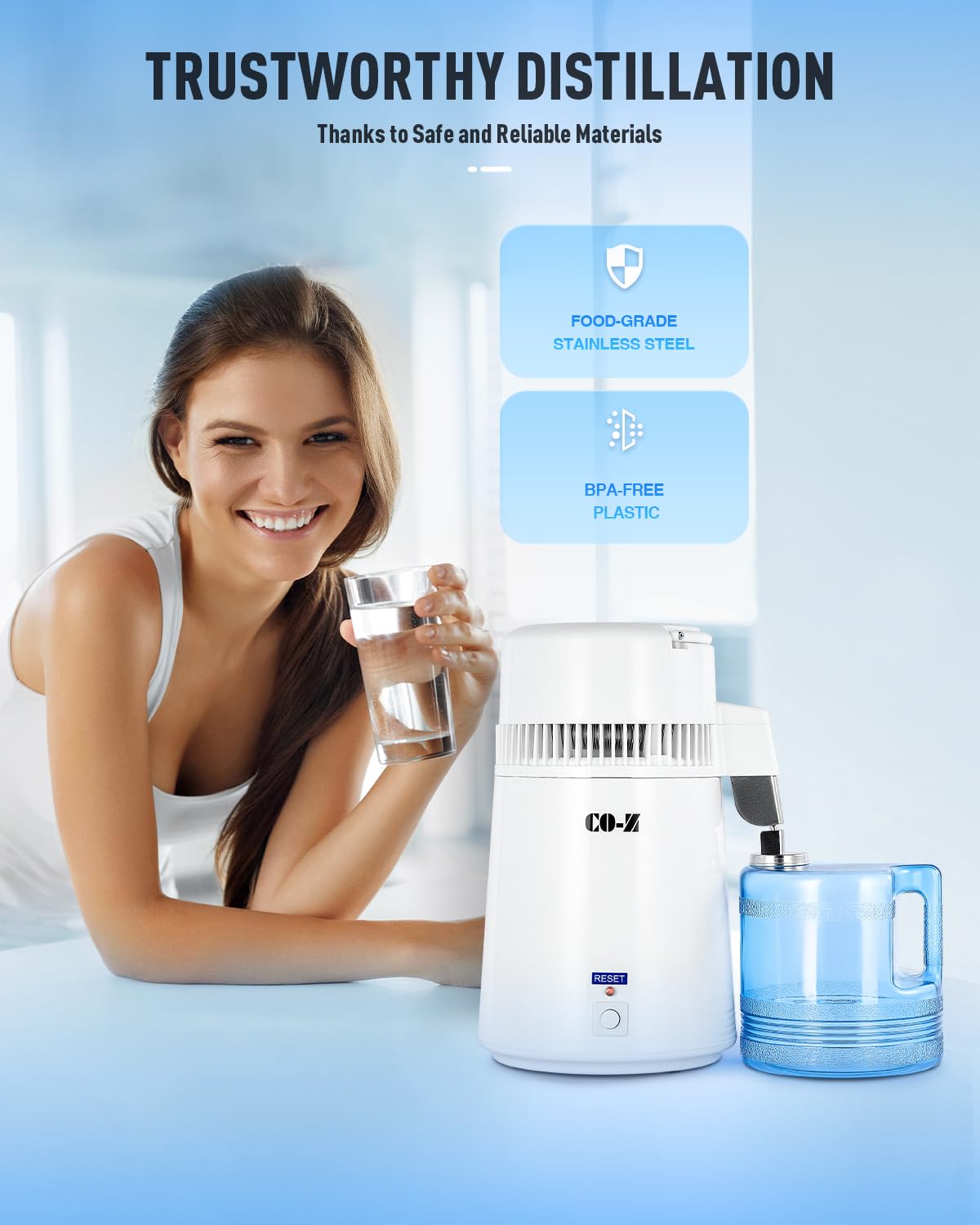 CO-Z water distiller in use in a bright kitchen, delivering distilled water.