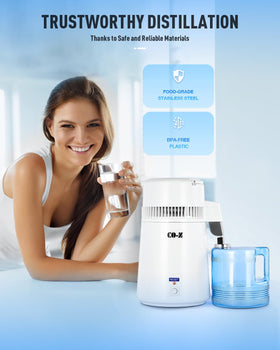 CO-Z water distiller in use in a bright kitchen, delivering distilled water.