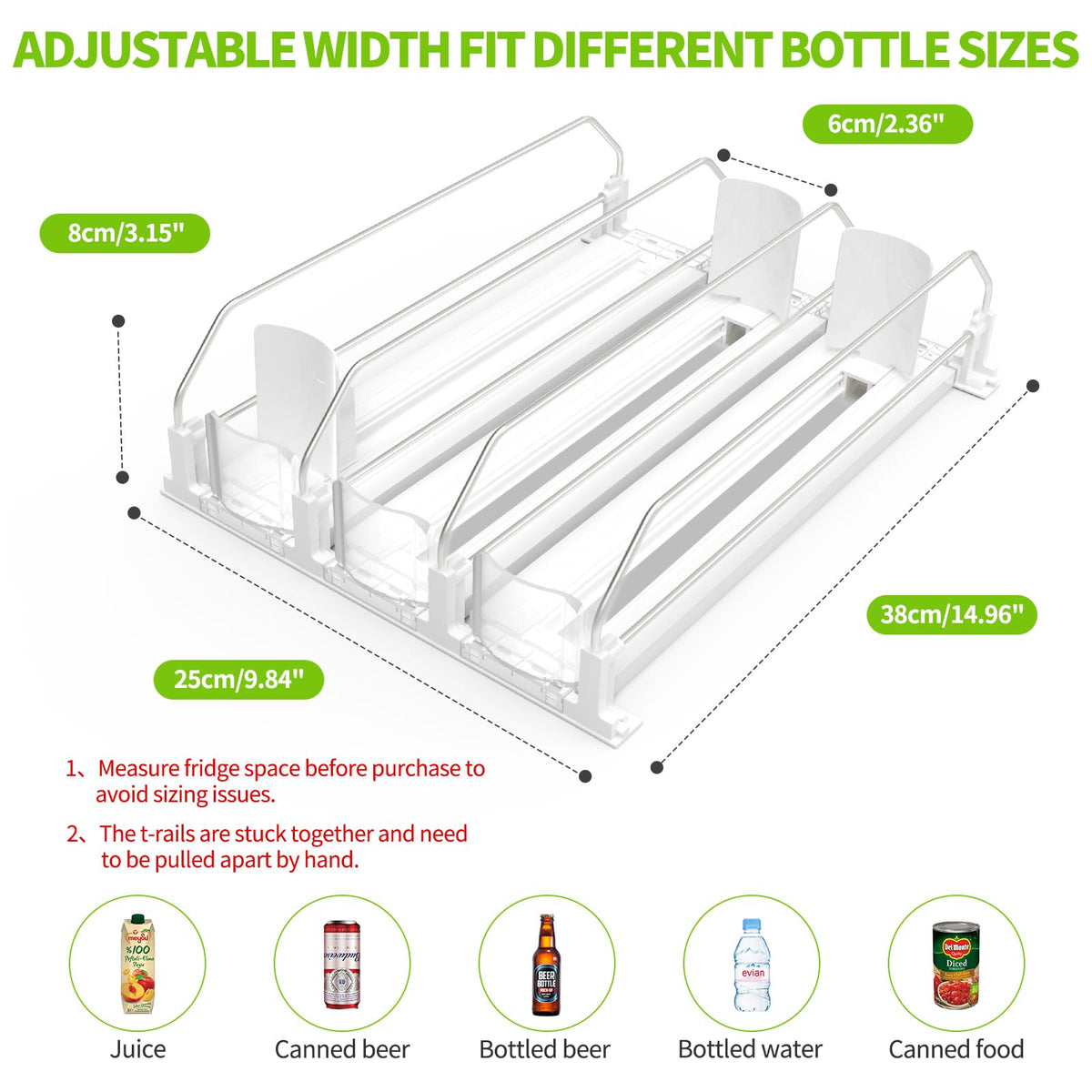 Coanto fridge dispenser features rust-resistant rails and sturdy pusher for durable daily use.