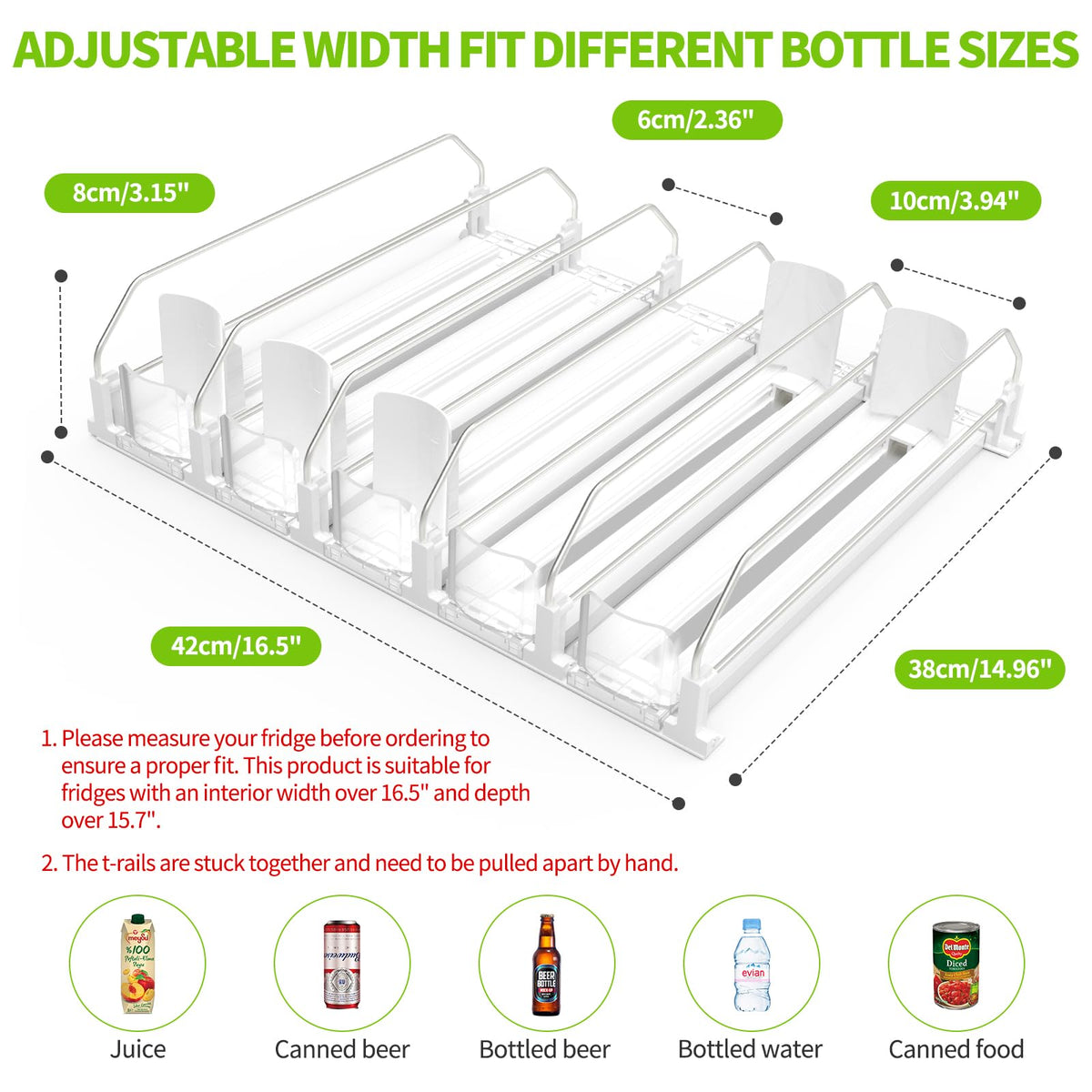 Coanto fridge organizer with adjustable-width rails for bottles