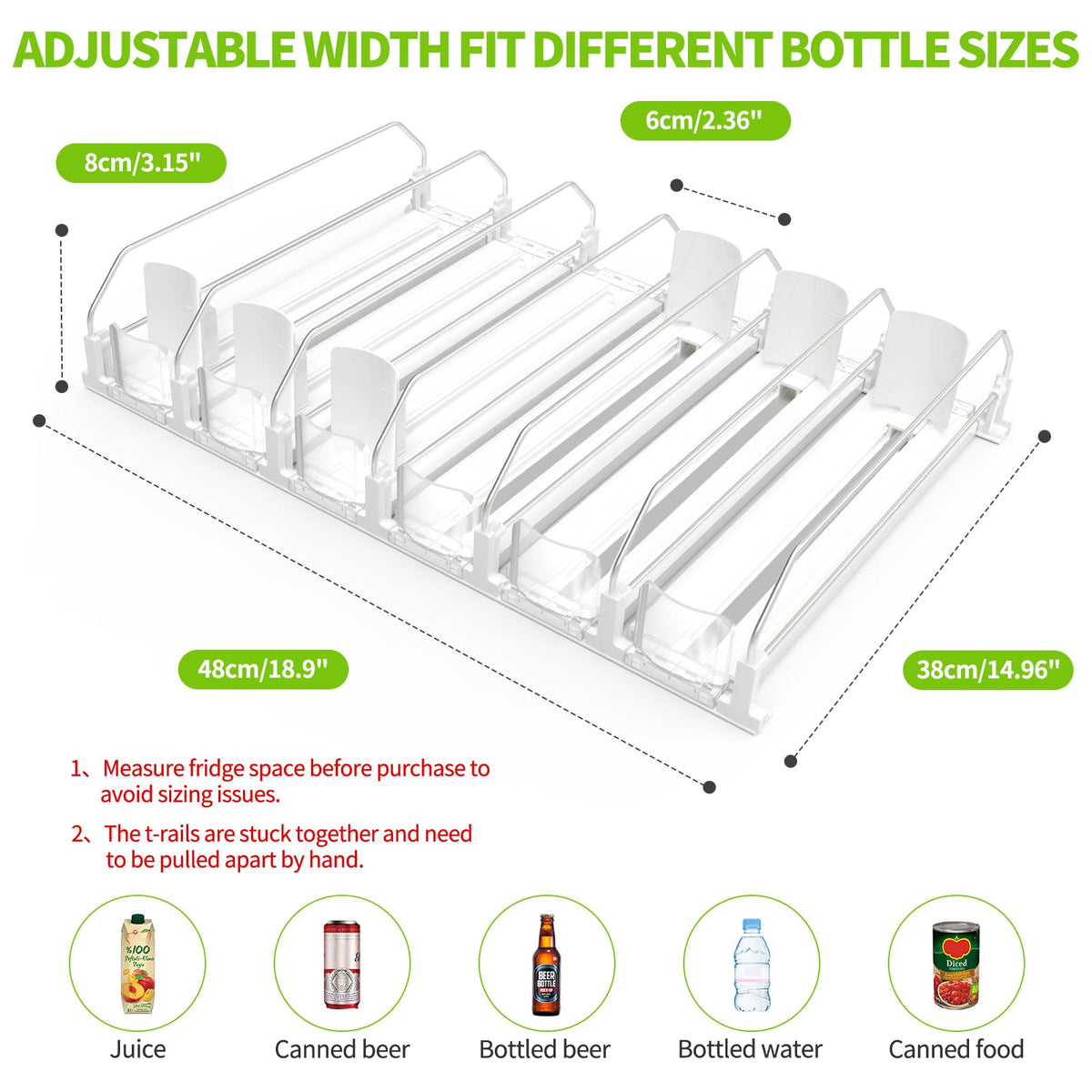 Coanto Fridge Organizer with varied can sizes showing versatile storage.