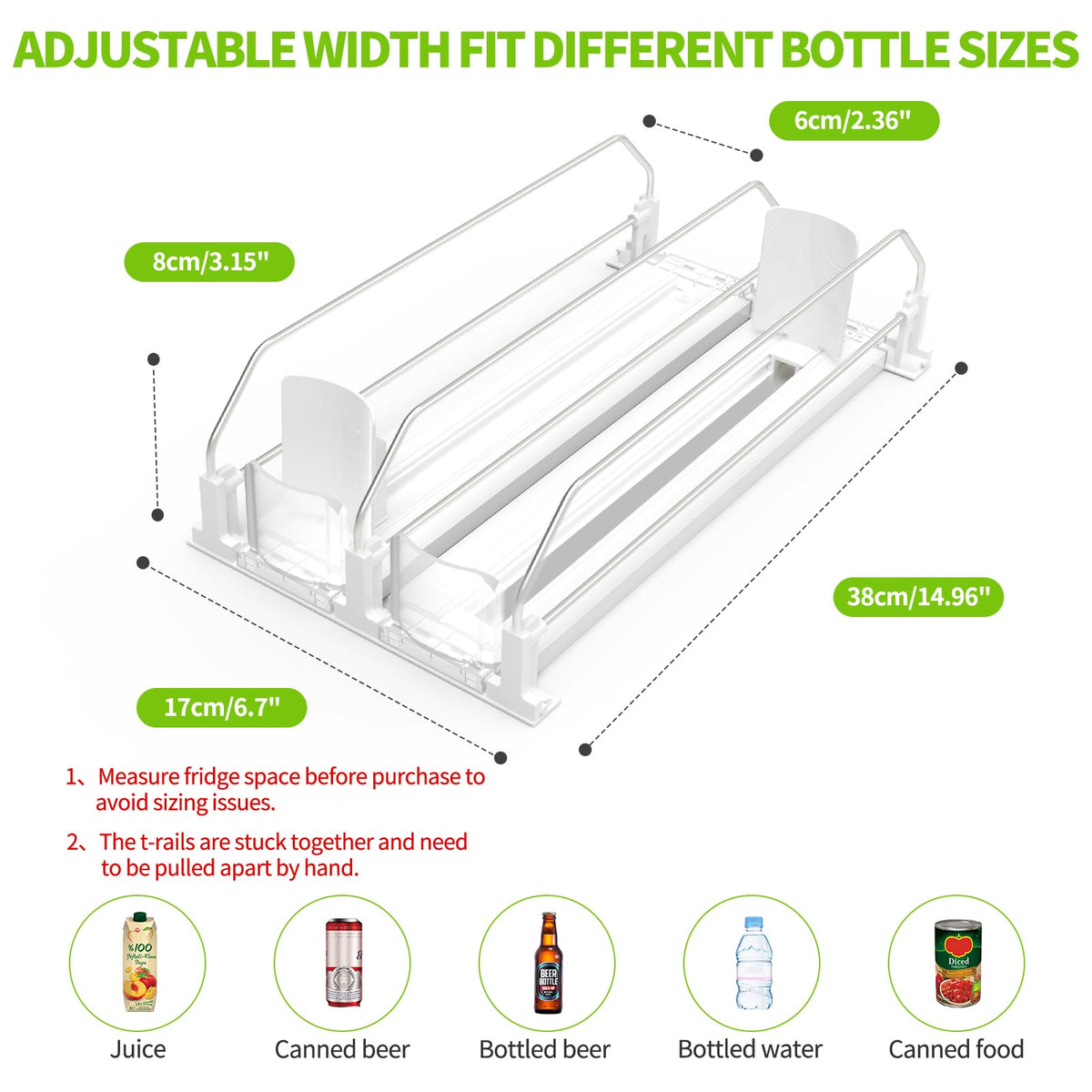 Coanto horizontal rails detail showcasing adjustable width for various bottle sizes.