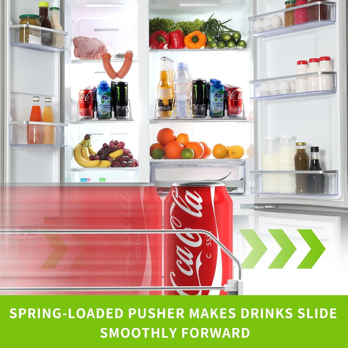 Coanto soda can dispenser inside fridge showing compact storage