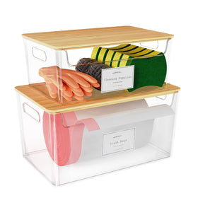 COAZEX trash bag holder under sink with stackable lid for space efficiency.