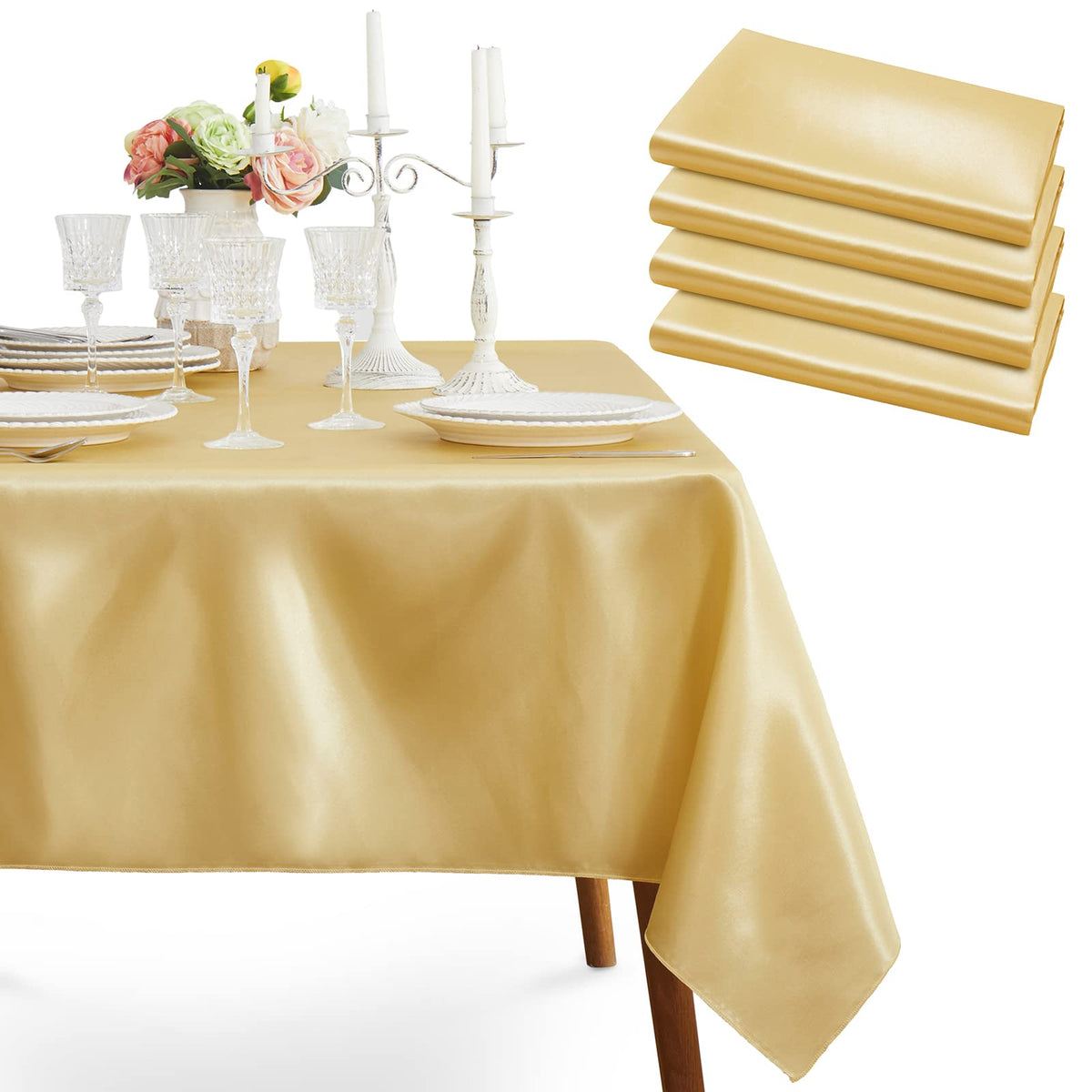 Cobedzy gold satin tablecloth with smooth finish enhances upscale dining.