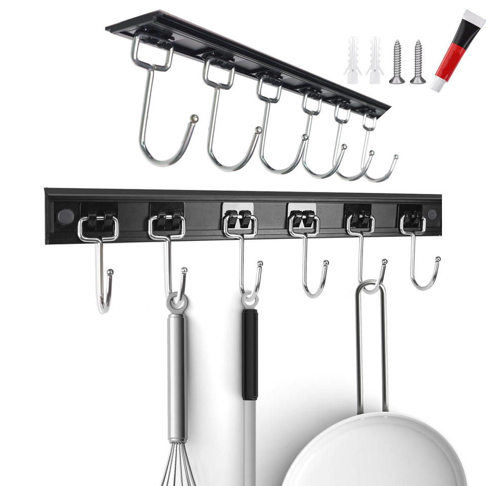 Cociat 11-inch utensil rack under cabinet with six hooks for organized kitchen storage.