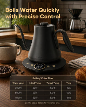 Cocinare Gooseneck Kettle brew timer helps repeatable brews.