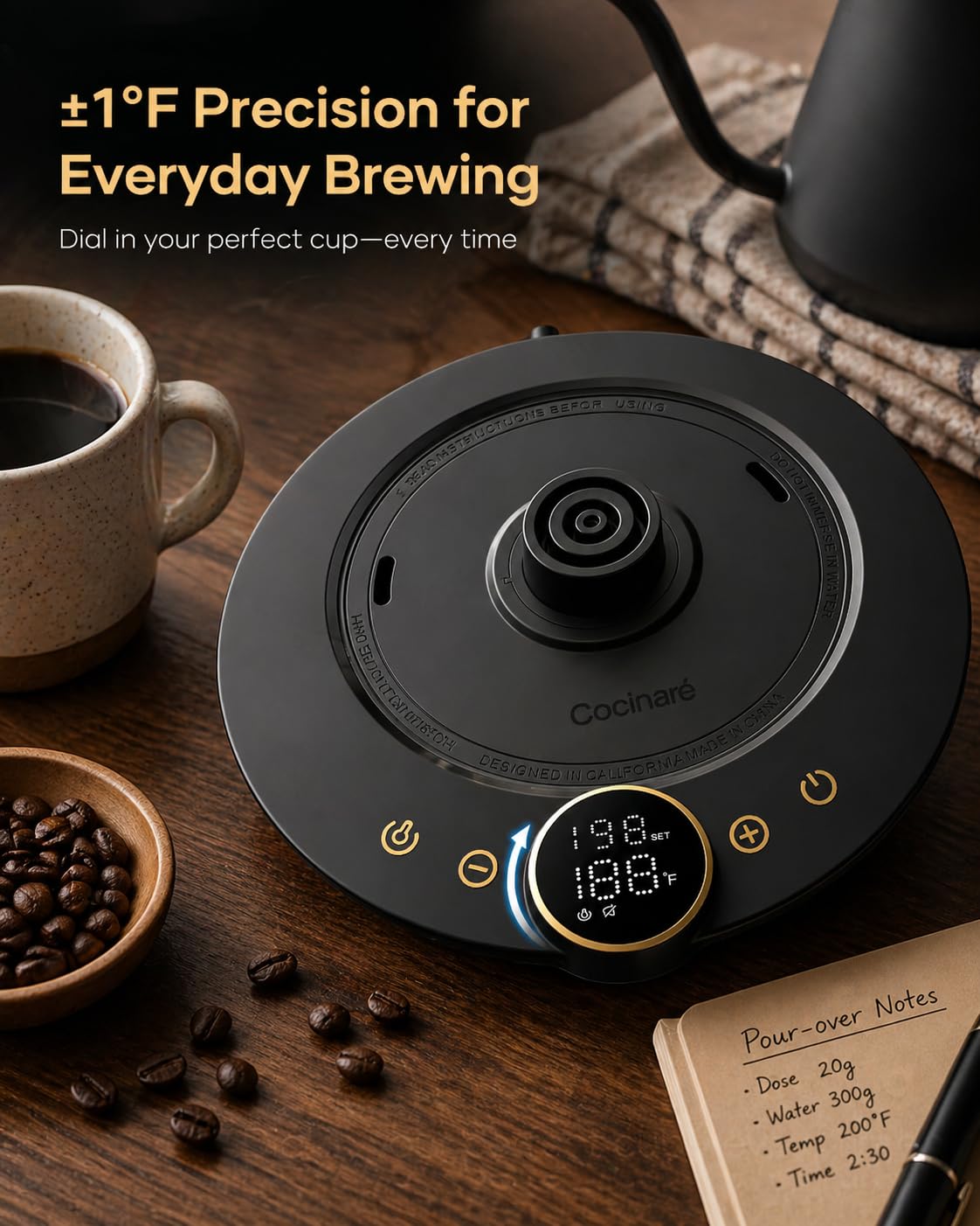 Cocinare Gooseneck Kettle digital display for easy temperature setup.