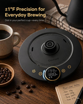 Cocinare Gooseneck Kettle digital display for easy temperature setup.