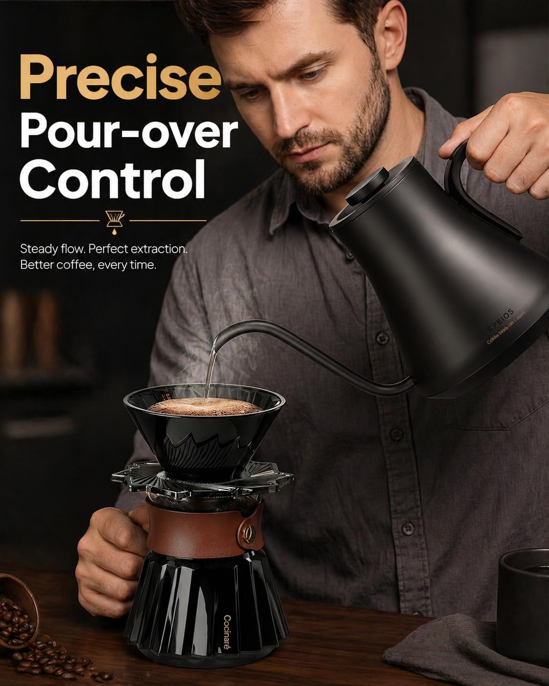 Cocinare Gooseneck Kettle fast heat 1500W for quick morning brews.